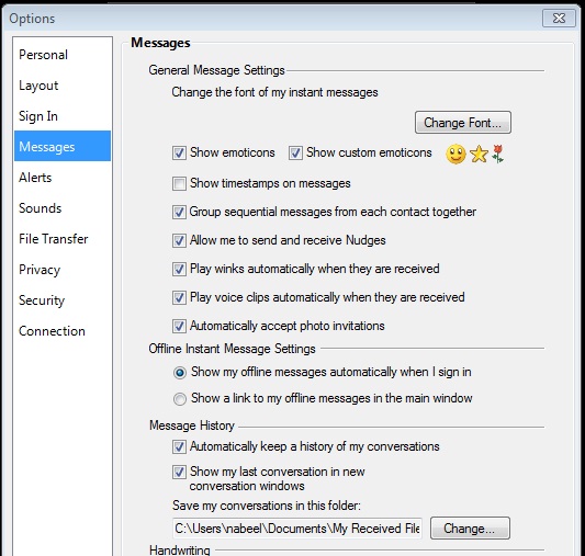 msn messenger change history location, enable disable